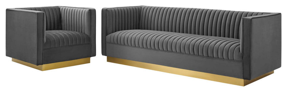 Tufted Armchair and Sofa Set, Velvet, Gray, Modern, Lounge Hospitality
