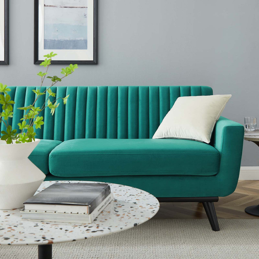 Tufted Sofa, Velvet, Teal Blue, Modern, Living Lounge Hotel Lobby Hospitality