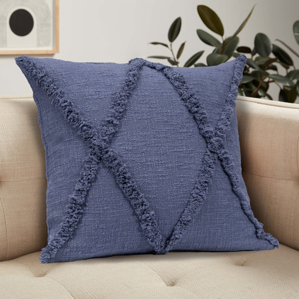 Boho Diamond Tufted Cotton Throw Pillow, Denim Blue, 18" X 18"