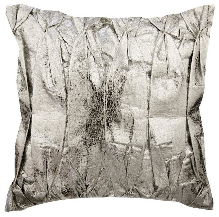Pintucks & Textured Silver Faux Leather 20"x20" Pillow Cover, Stunning Silver