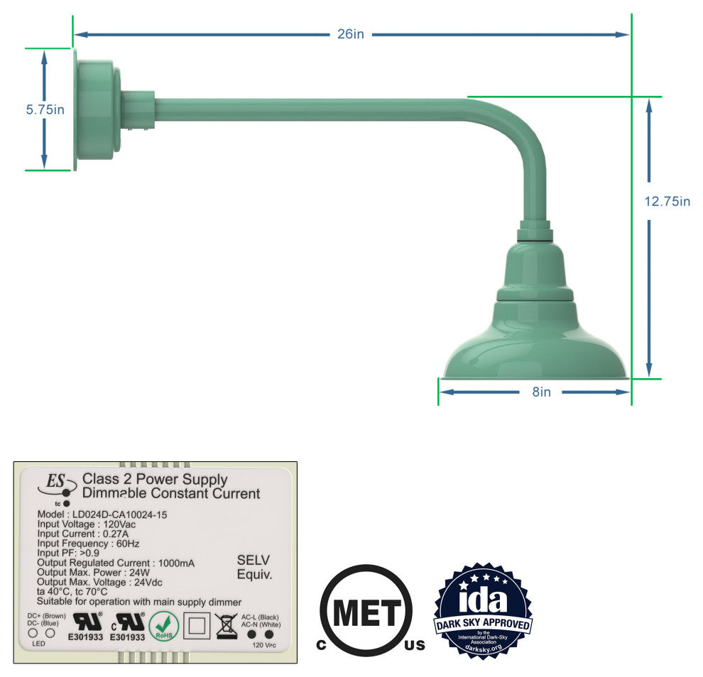 8in. Jade Gooseneck Barn Light with Traditional Arm