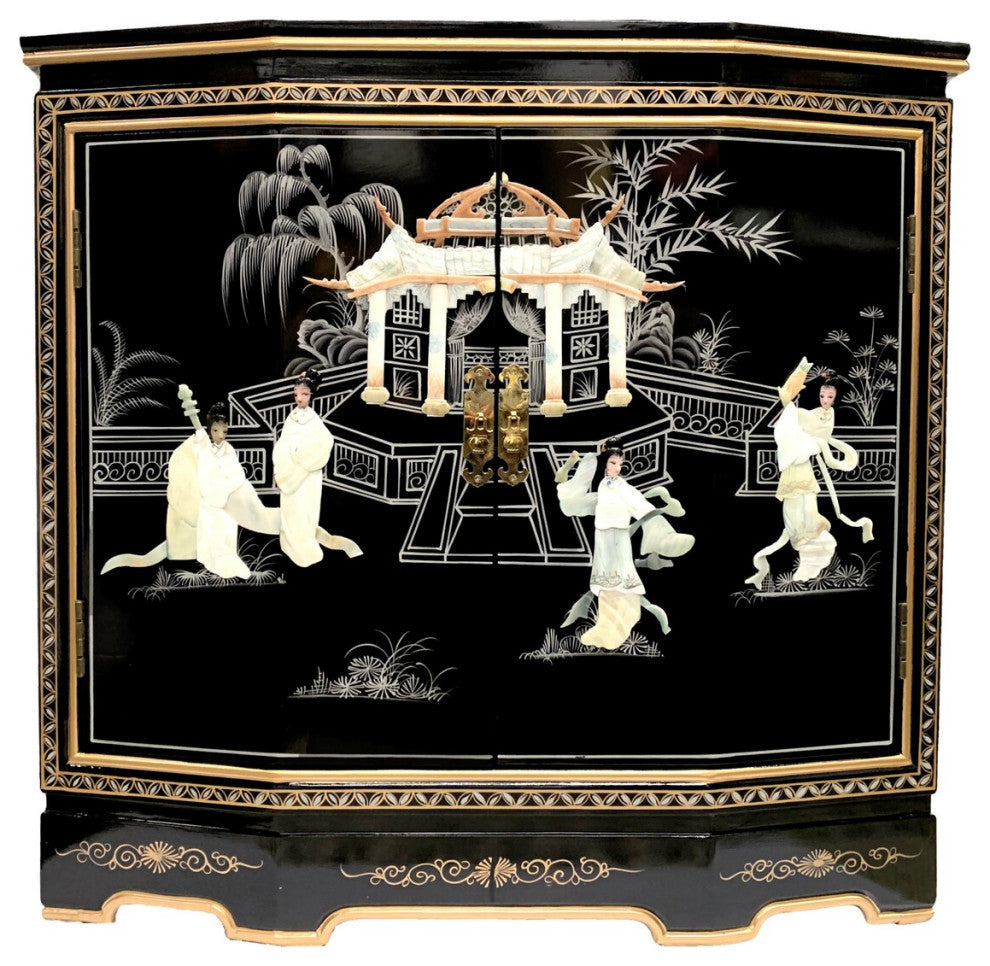Oriental Slant Front Cabinet With Mother of Pearl, Hand Painted Black With Mother of Pearl