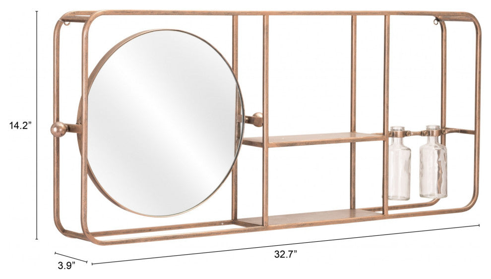 Gold Horizontal Shelf With Round Mirror