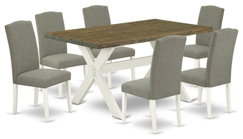 X076En206-7, 7-Piece Set Jacobean Wood Table Top and 6 Chairs, Linen White