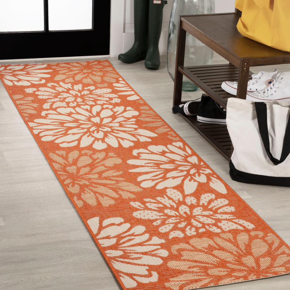 Zinnia Modern Floral Textured Weave Indoor/Outdoor, Orange/Cream, 2x10