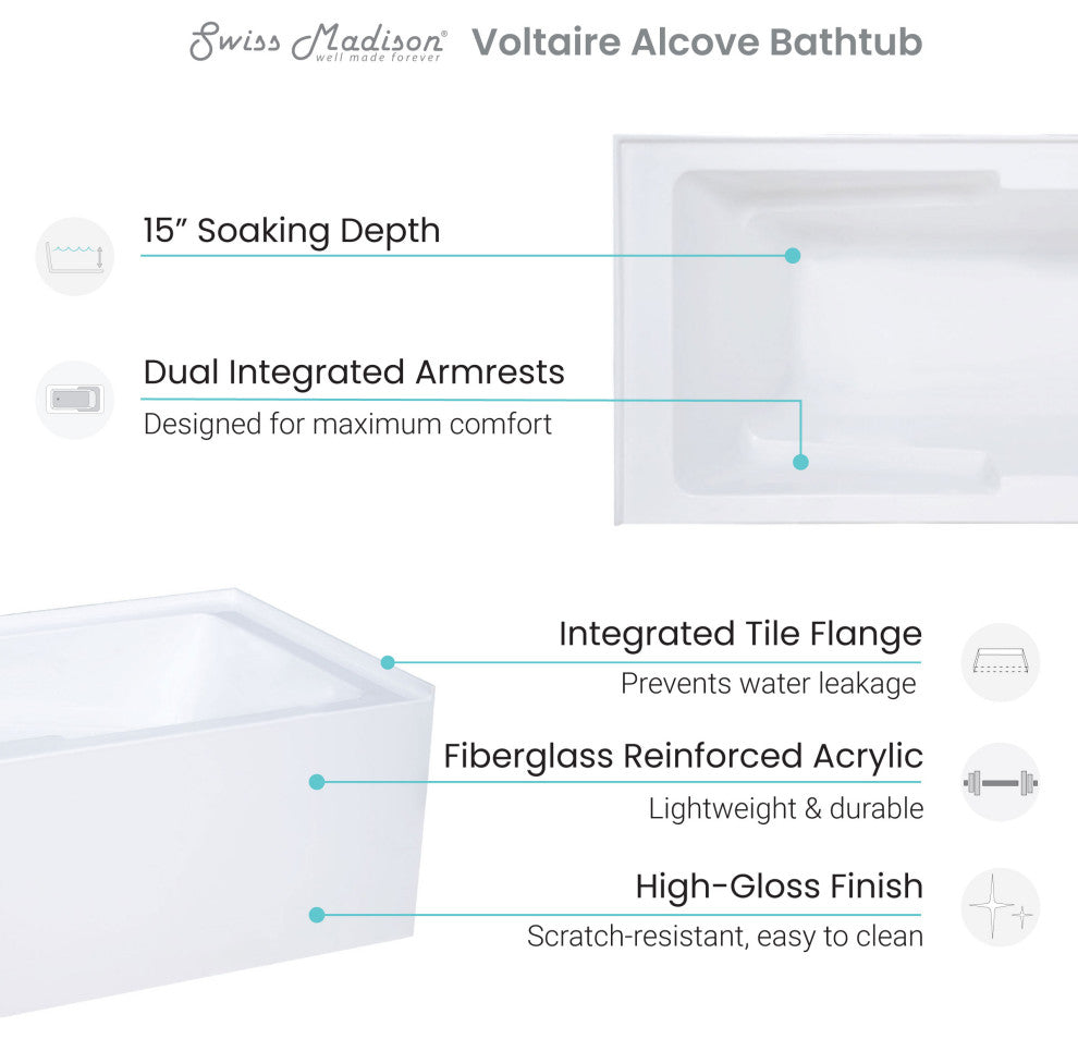 Voltaire 48"x32" Acrylic White, Alcove, Left Hand Drain, Apron Bathtub