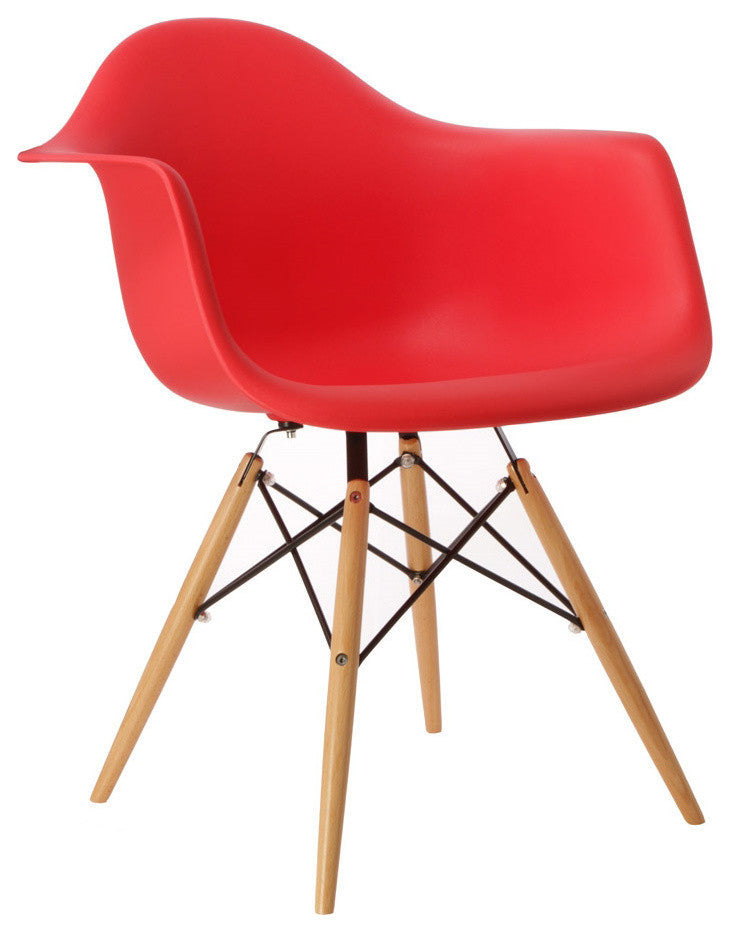 DAW Red Mid Century Modern Plastic Dining Armchair, Wood Eiffel Legs