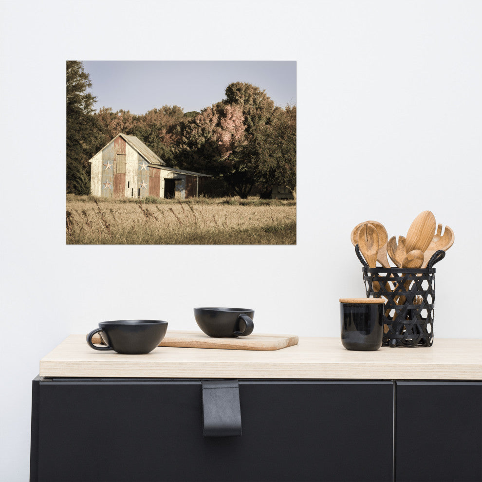 Patriotic Barn in Field Aged Landscape Photo Unframed Wall Art Print, 16" X 20"