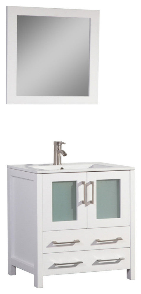 Vanity Art Single Vanity Set With Ceramic Top, 30", White, Standard Mirror