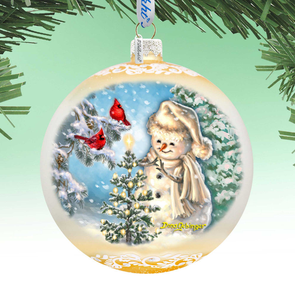 Glowing Snowman Lg Glass Ornament, Gold