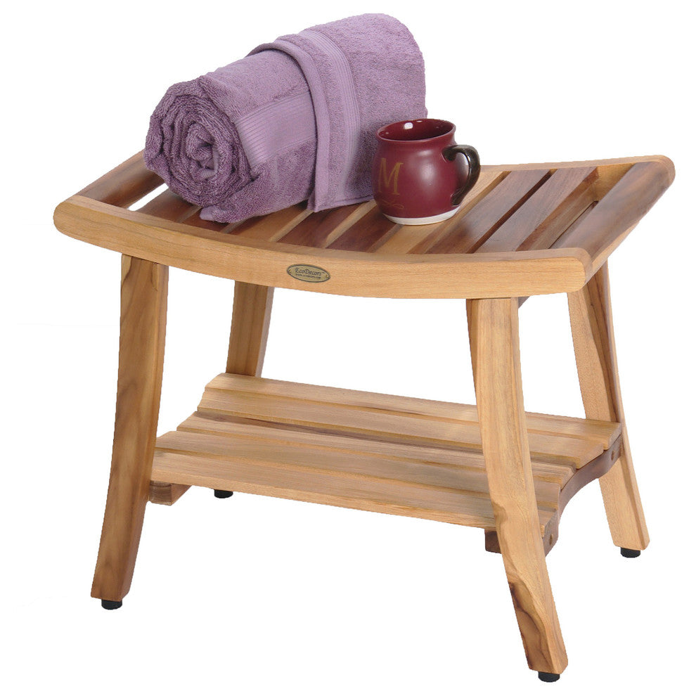 EcoDecors EarthyTeak Harmony 24" Teak Shower Bench With Shelf And LiftAide Arms