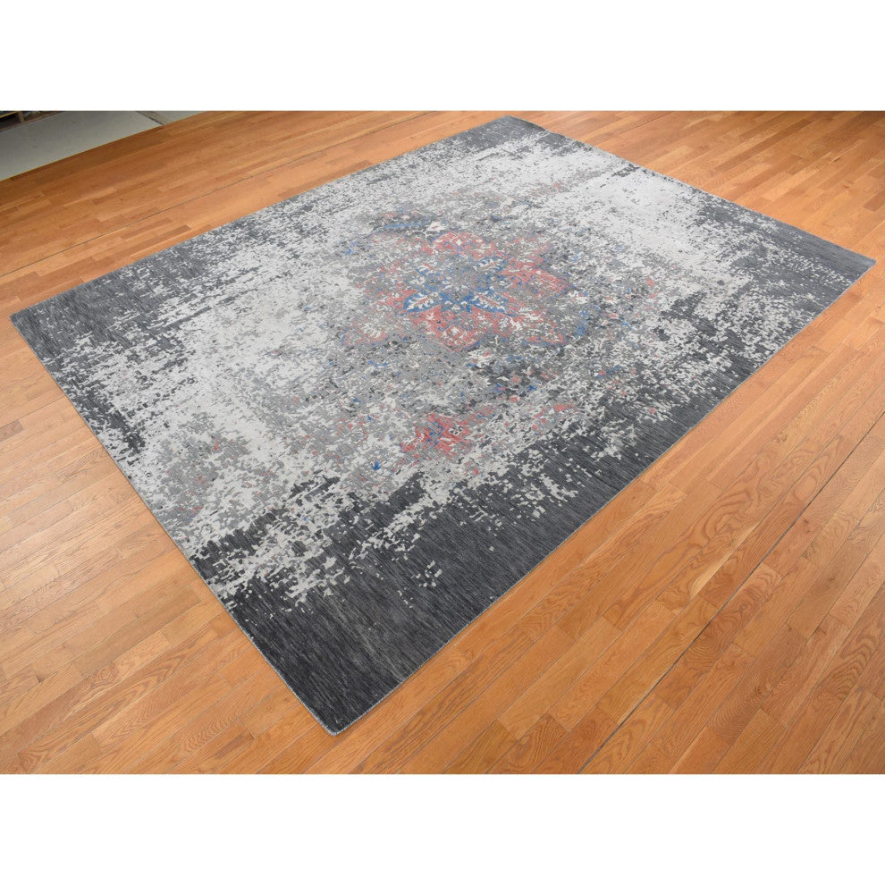Arsenic Gray, Wool and Silk, Erased Heriz Design Hand Knotted Rug, 9'2"x12'