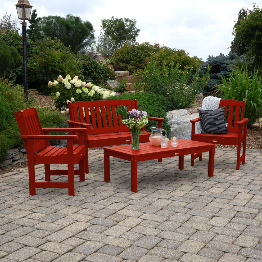 4' Lehigh Bench, Chairs, Conversation Table, 4-Piece Set, Rustic Red