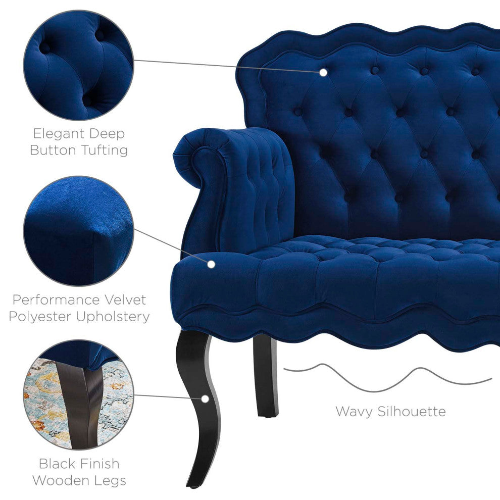 Modern Designer Lounge Loveseat Settee Sofa, Velvet Fabric, Navy Blue