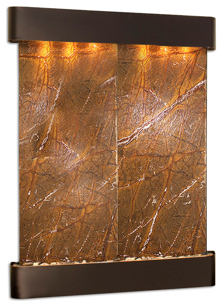 Majestic River Water Fountain, Brown Marble, Blackened Copper, Round Edges