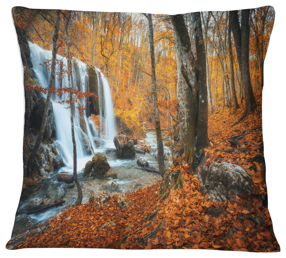 Autumn Mountain Waterfall Close View Landscape Photography Throw Pillow, 16"x16"