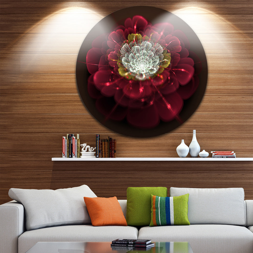 Red Fractal Flower With White, Floral Digital Disc Metal Artwork, 11"