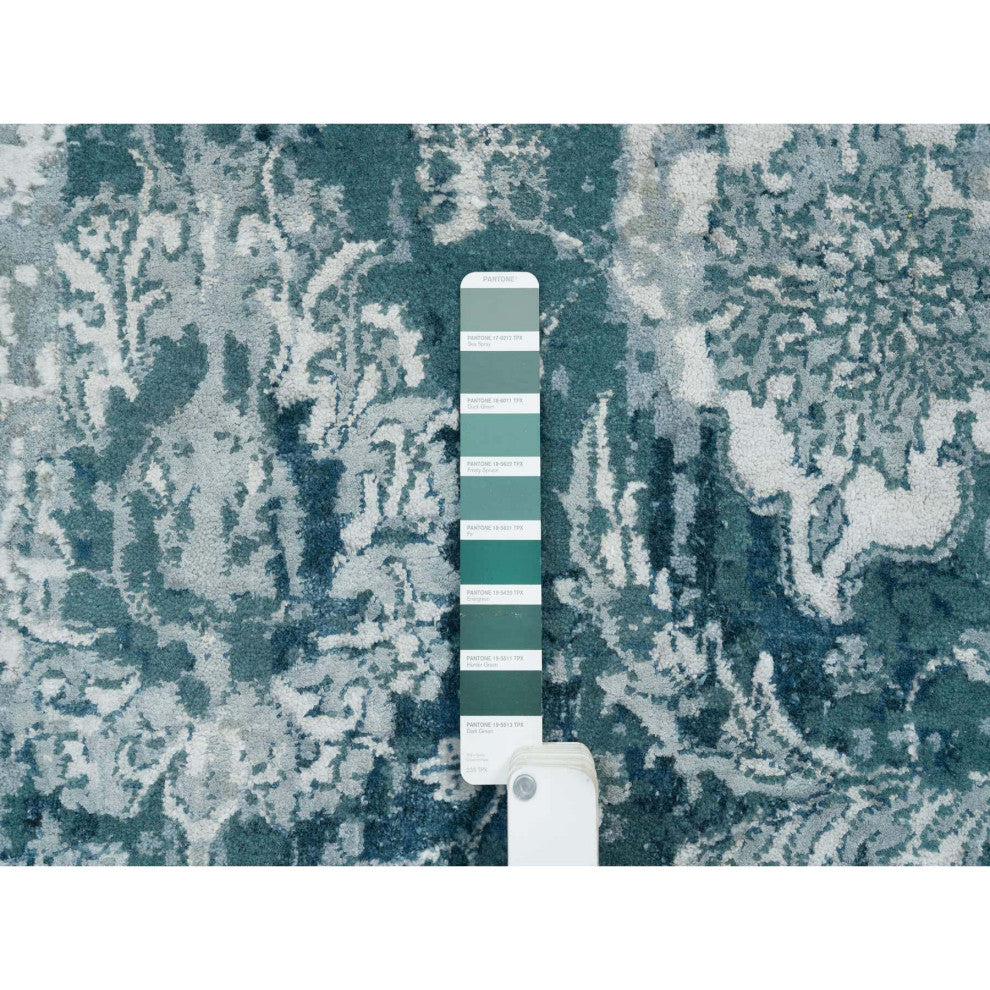 Blue-Teal Farsian Tebraz Wool and Silk Hand Knotted Runner Rug, 9'10"x9'10"
