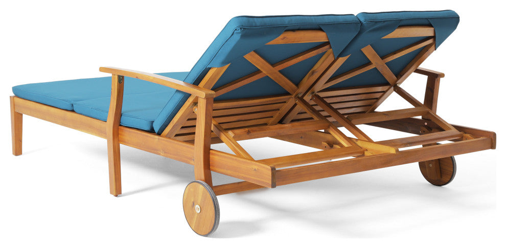GDF Studio Samantha Outdoor Acacia Wood Double Chaise Lounge, Teak Finish/Blue