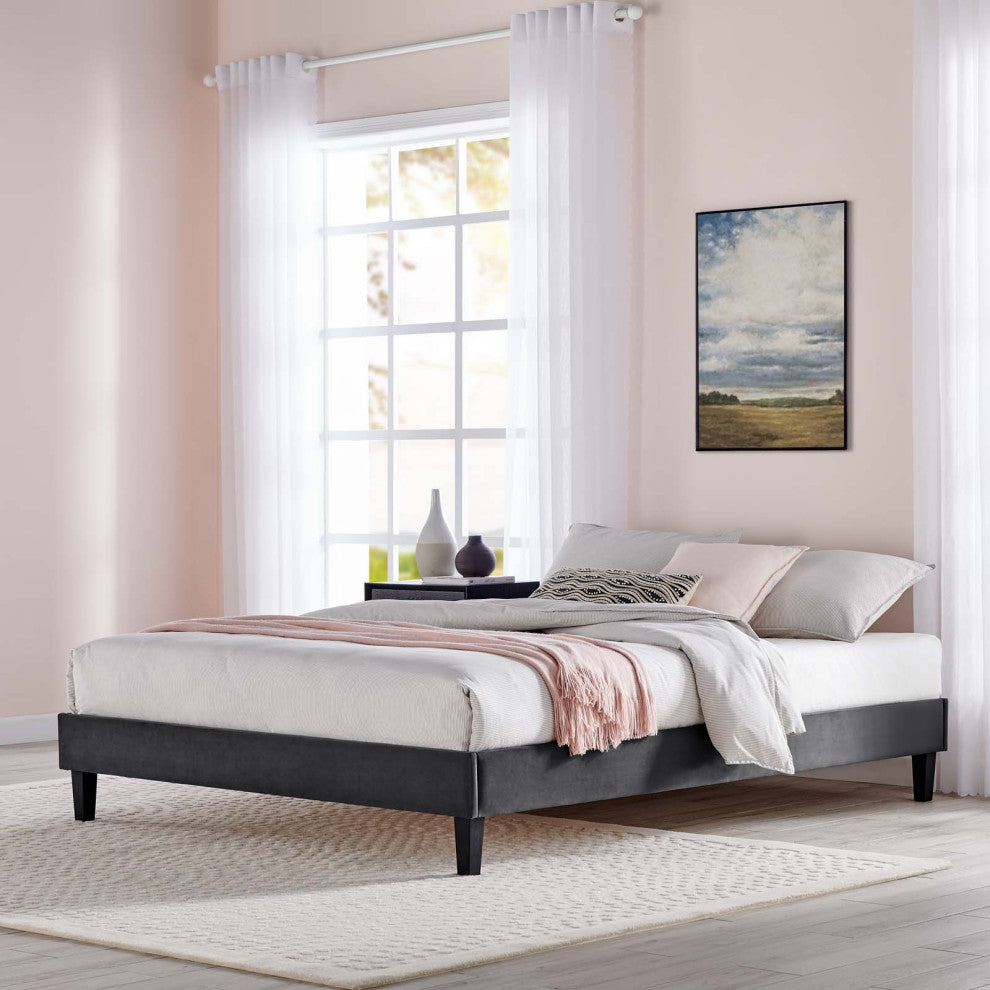 Platform Bed Frame, Full Size, Velvet, Dark Grey Gray, Modern Contemporary