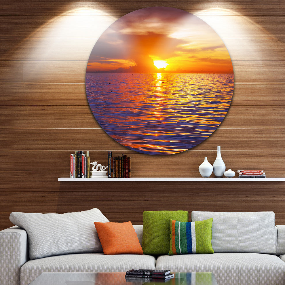 Beautiful Yellow Sky At Gloomy Beach, Seashore Disc Metal Artwork, 11"