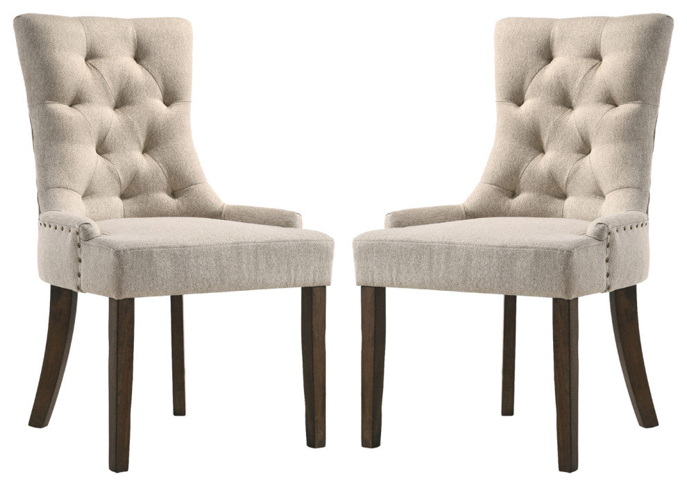 Set of 2 Beige Fabric Side Chair, Espresso Finish