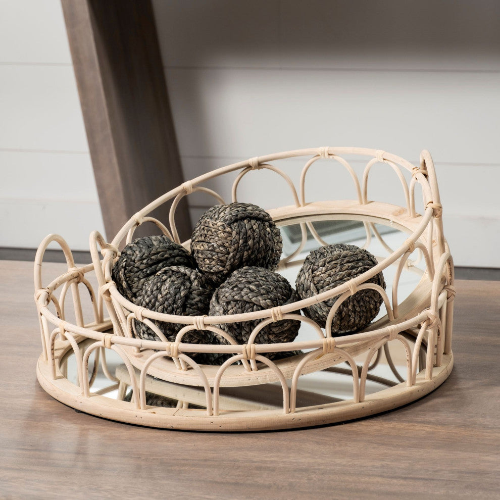 Leona Brown Wicker Mirrored Base Nesting Trays, Set of 2