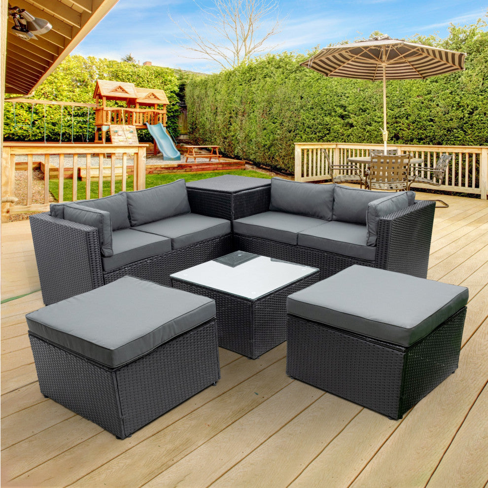 6-Pieces Outdoor Rattan Reversible Patio Sectional With Storage With Cushions