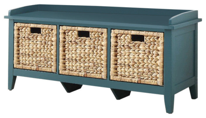 Benzara BM163623 Rectangular Wooden Bench with Storage Basket, Blue