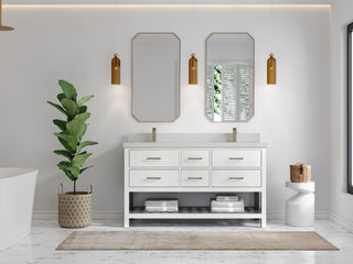 Parker 60 Double Sink Bathroom Vanity in White 2" Carrara Quartz