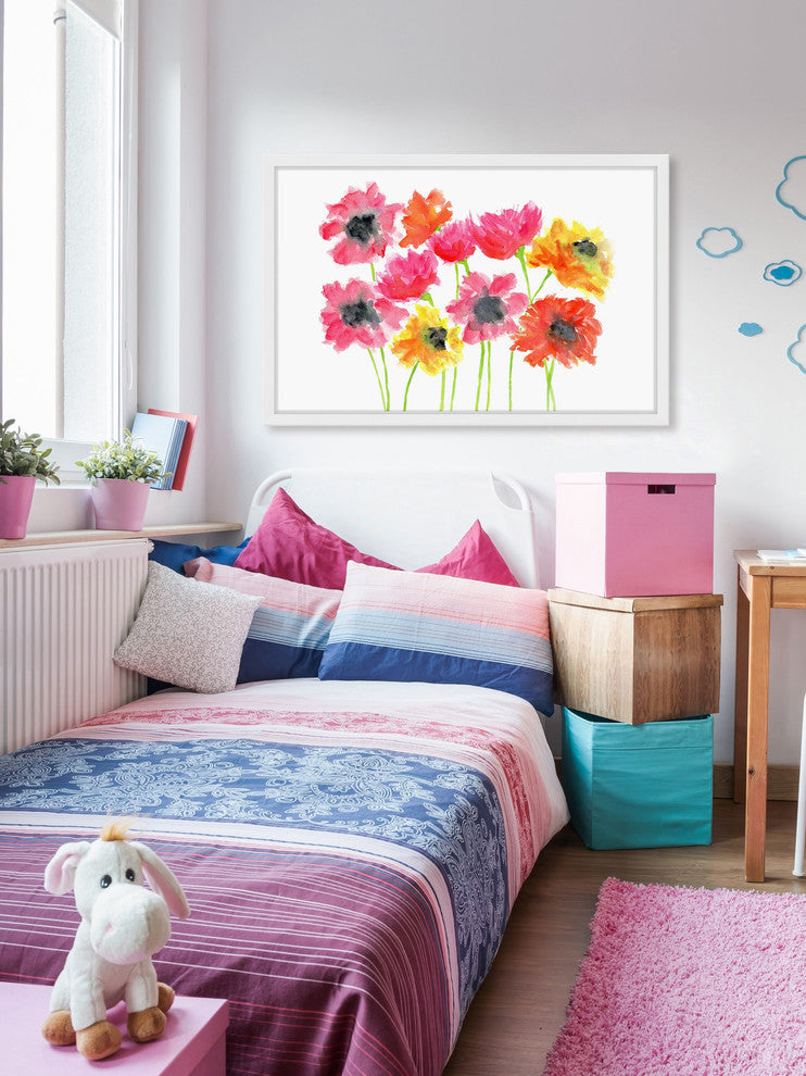 Marmont Hill, "Bold Zinnias" by Thimble Sparrow Framed Painting Print, 36x24