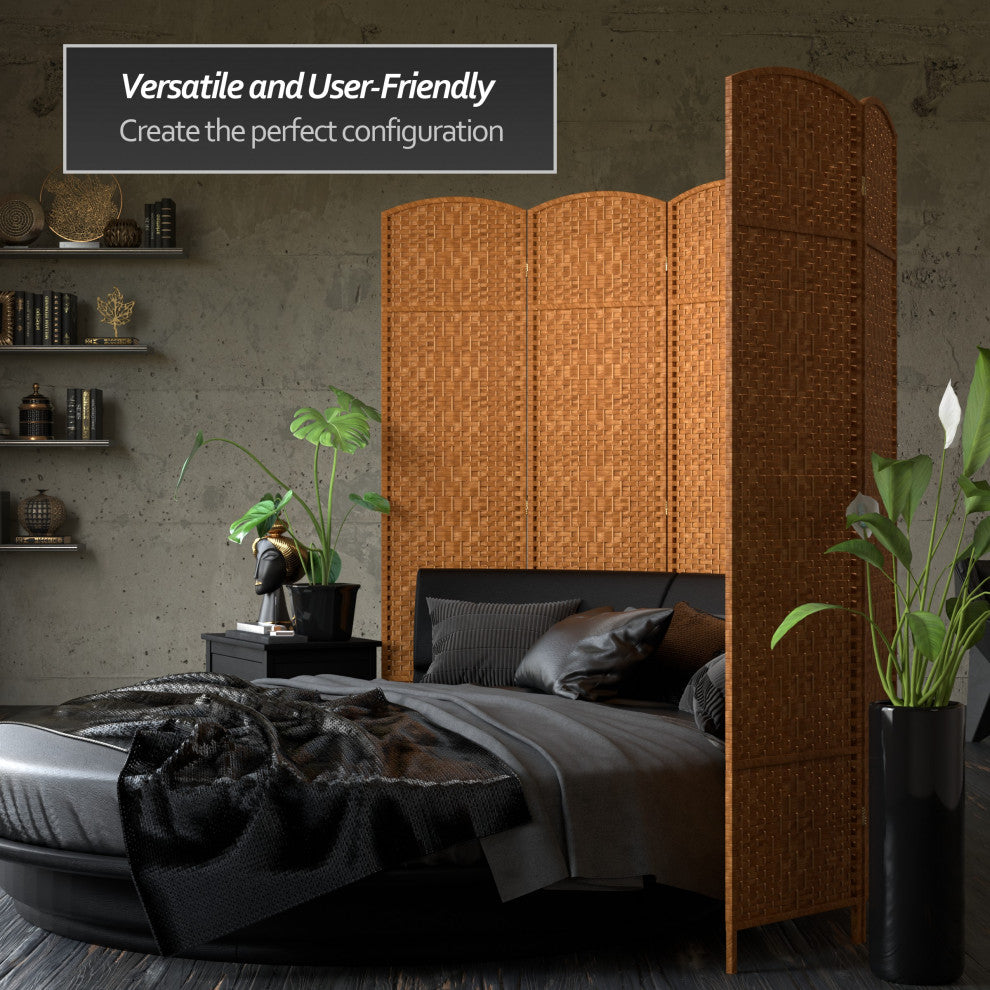 7' Tall Diamond Weave Room Divider, Dark Beige, 4 Panels