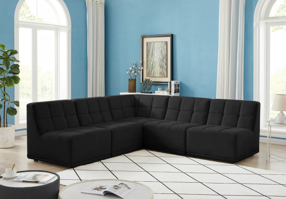 Relax Velvet Upholstered 5-Piece L-Shaped Modular Sectional, Black