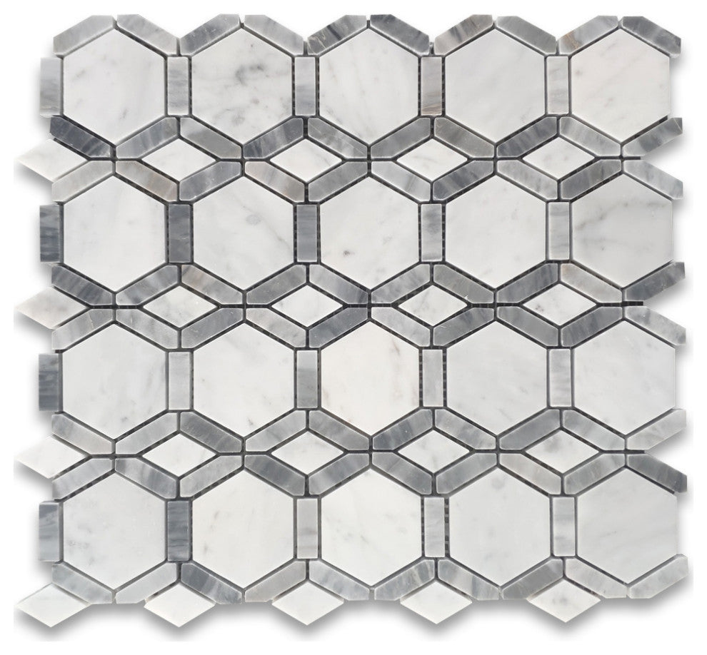 Carrara White Bardiglio Gray Marble Hollywood Hexagon Tile Honed, 1 sheet