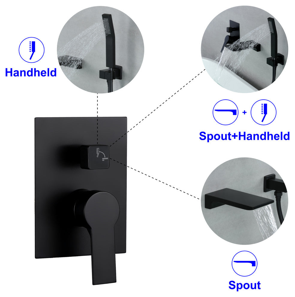 Shower Faucet Handheld Combo Set, Waterfall Tub Spout and Valve, Black