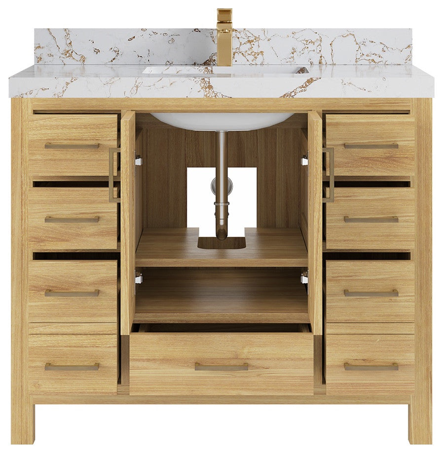 Malibu Teak 42" Single Sink Bath Vanity in Light Natural  2" Viola Gold