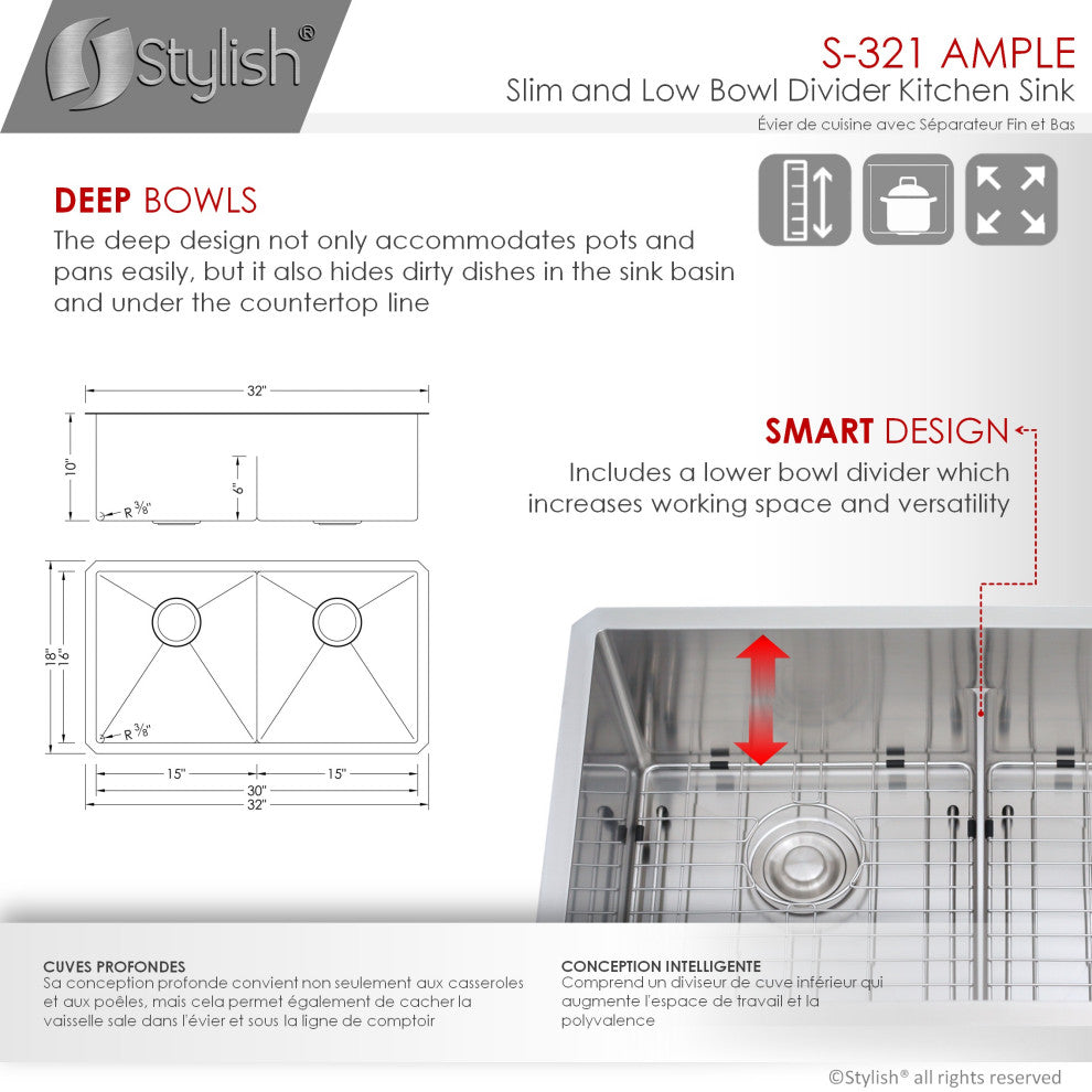 STYLISH 32"L x 18"W Stainless Steel Low Divider Undermount Kitchen Sink