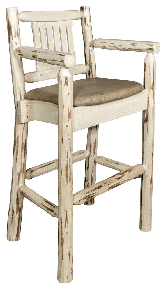 Captain's Barstool, Clear Lacquer Finish With Upholstered Seat, Buckskin Pattern