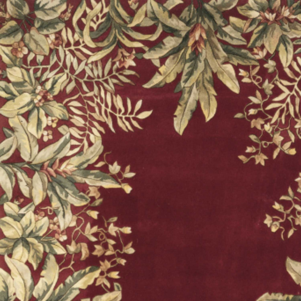 HomeRoots 3' x 6' Ruby Tropical Leaves Bordered Wool Indoor Area Rug