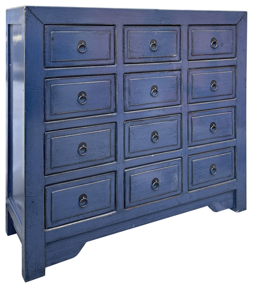 Distressed Deep Blue 12 Drawers Narrow Credenza Sideboard Cabinet