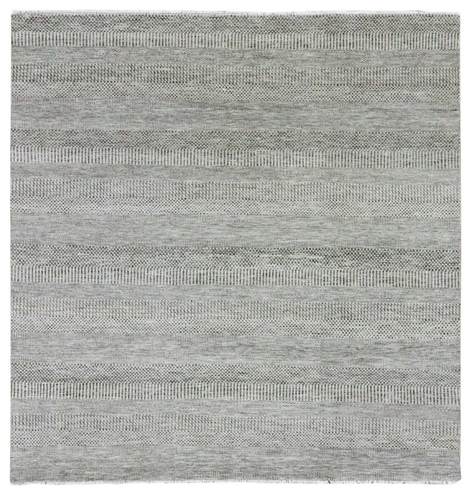 Silver Gray Grass Design Undyed 100% Wool Hand Knotted Square Rug, 7'11"x8'1"