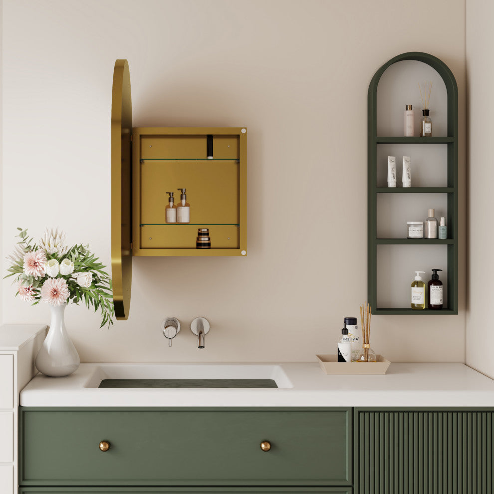 GDF Studio 20"x34" Oval Metal Recessed Bathroom Medicine Cabinet, Gold