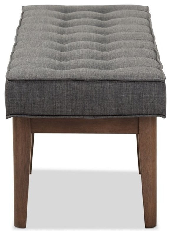Lucca Mid-Century Modern Walnut Wood Dark Gray Button-Tufted Bench