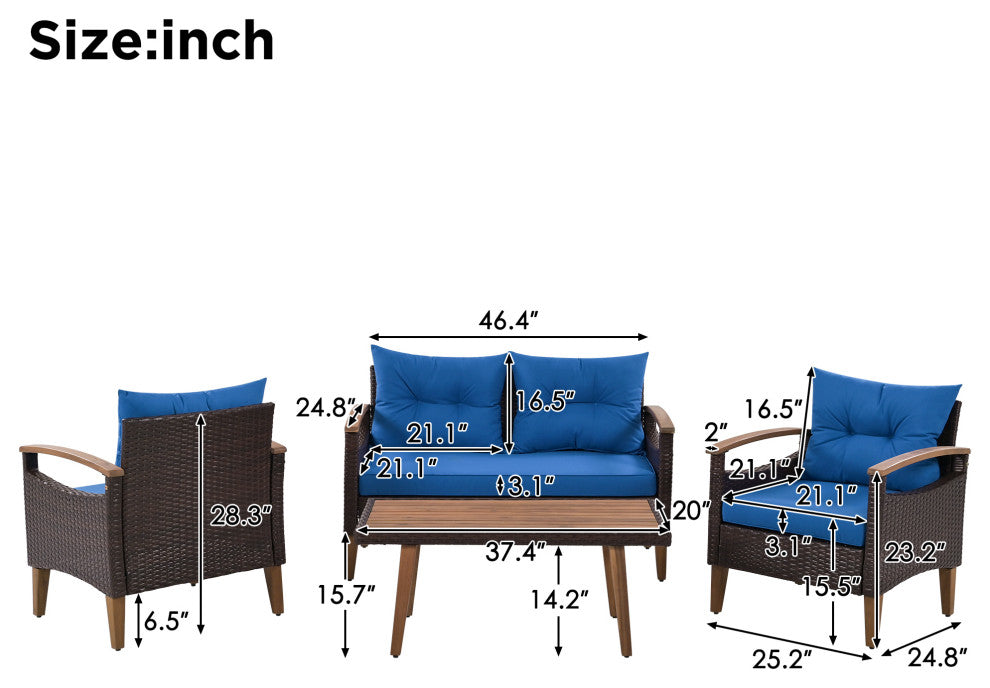 4-Piece Outdoor Wicker Patio Sofa Set with Wood Table and Removable Cushions, Blue
