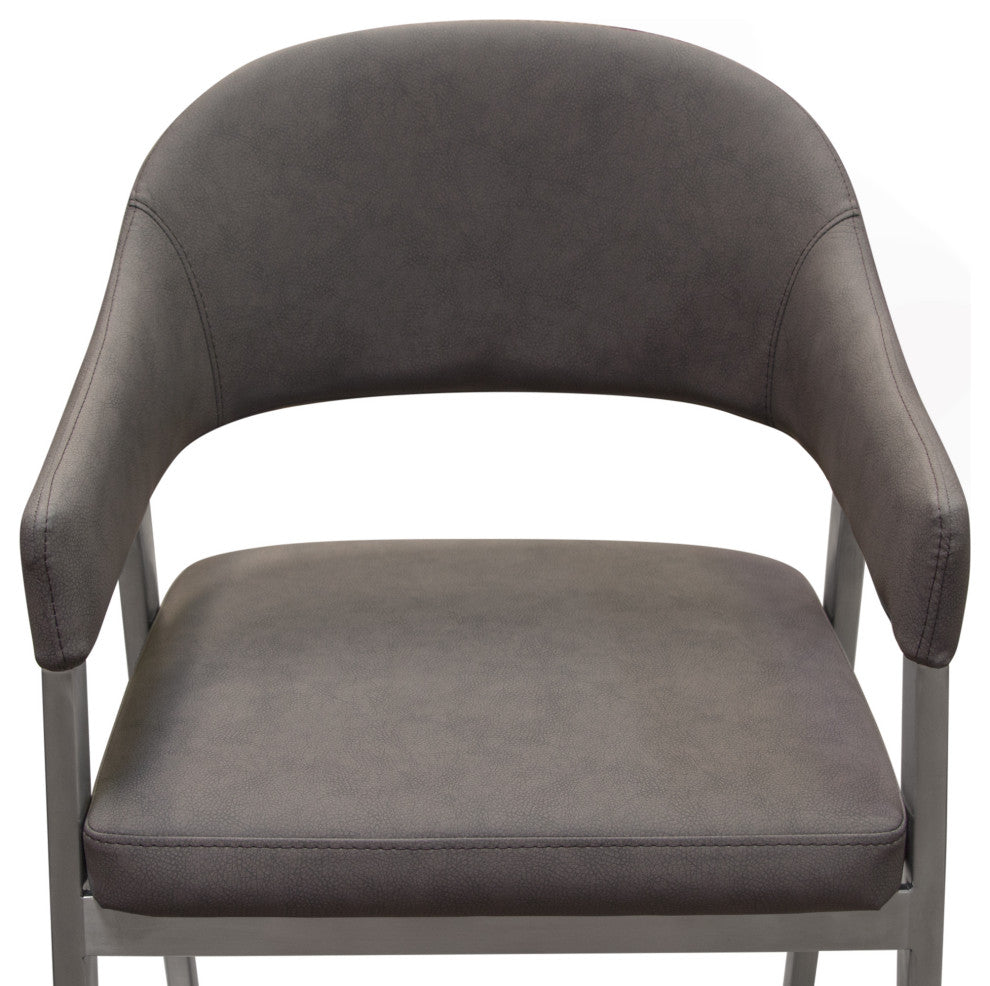 Counter Height Chairs, Set of 2, Gray Leatherette, Brushed Steel Leg