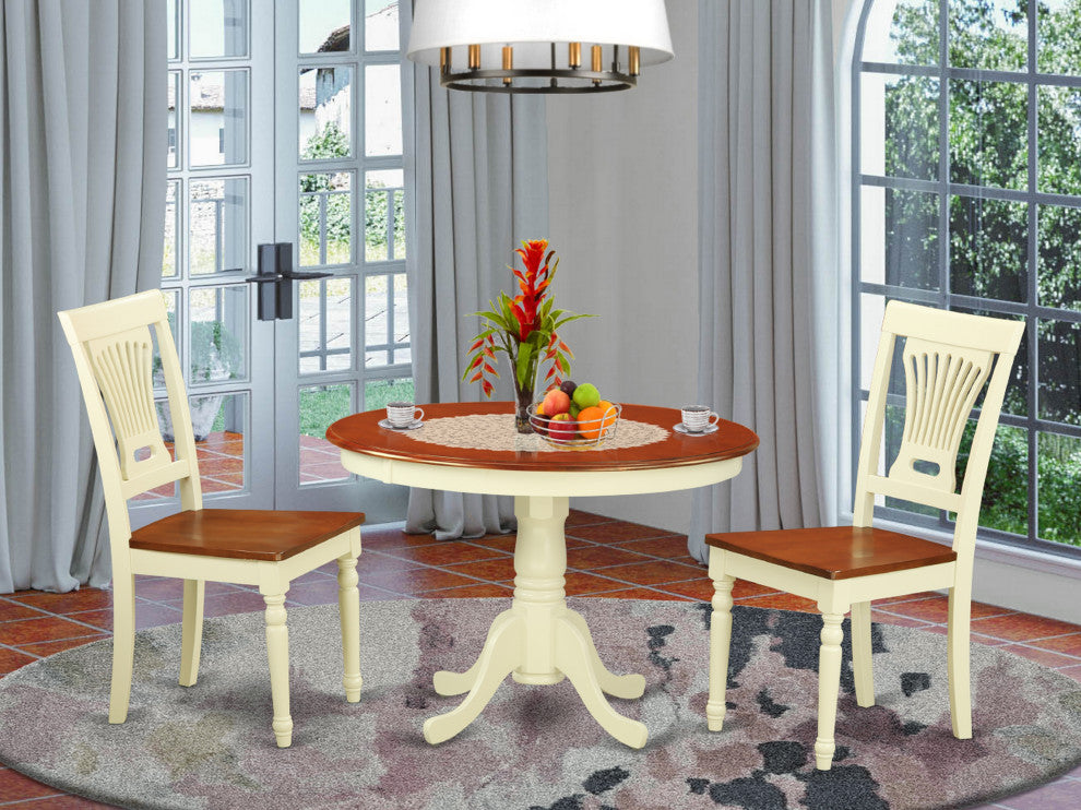 3 Pc Set, Round Dinette Table, 2 Wood Dinette Chairs In Buttermilk, Cherry .