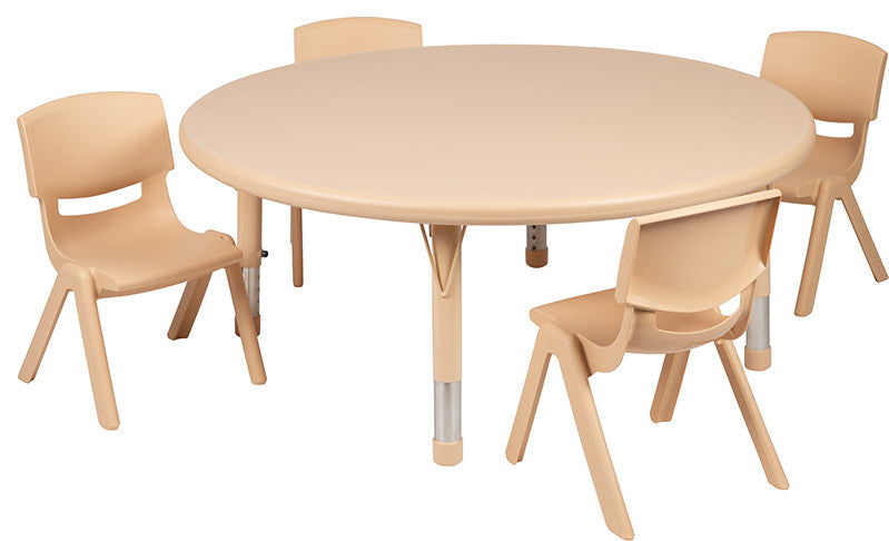 45" Round Natural Plastic Height Adjustable Activity Table Set with 4 Chairs
