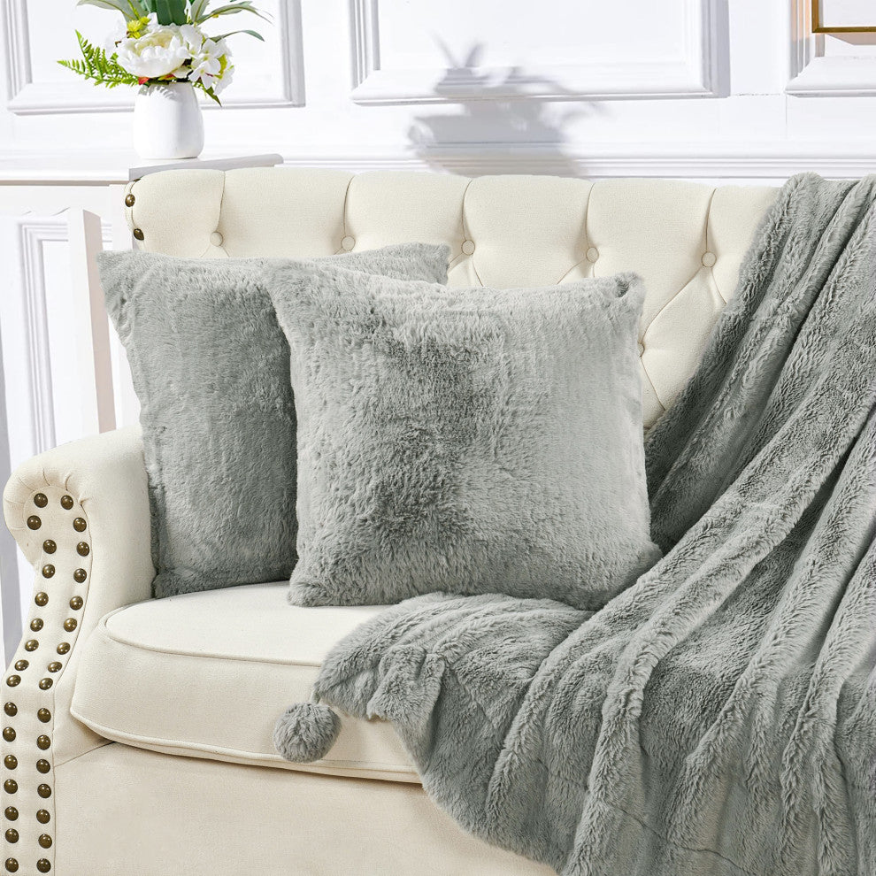 Pompom Faux Fur Throw With 2 Pillows, Silver