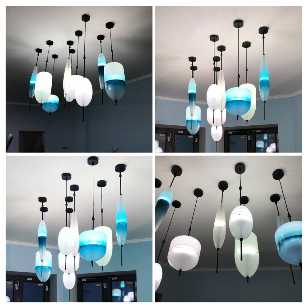 Blue/White Drop-shaped Glass LED Hanging Lamp for Kitchen Island, White, E