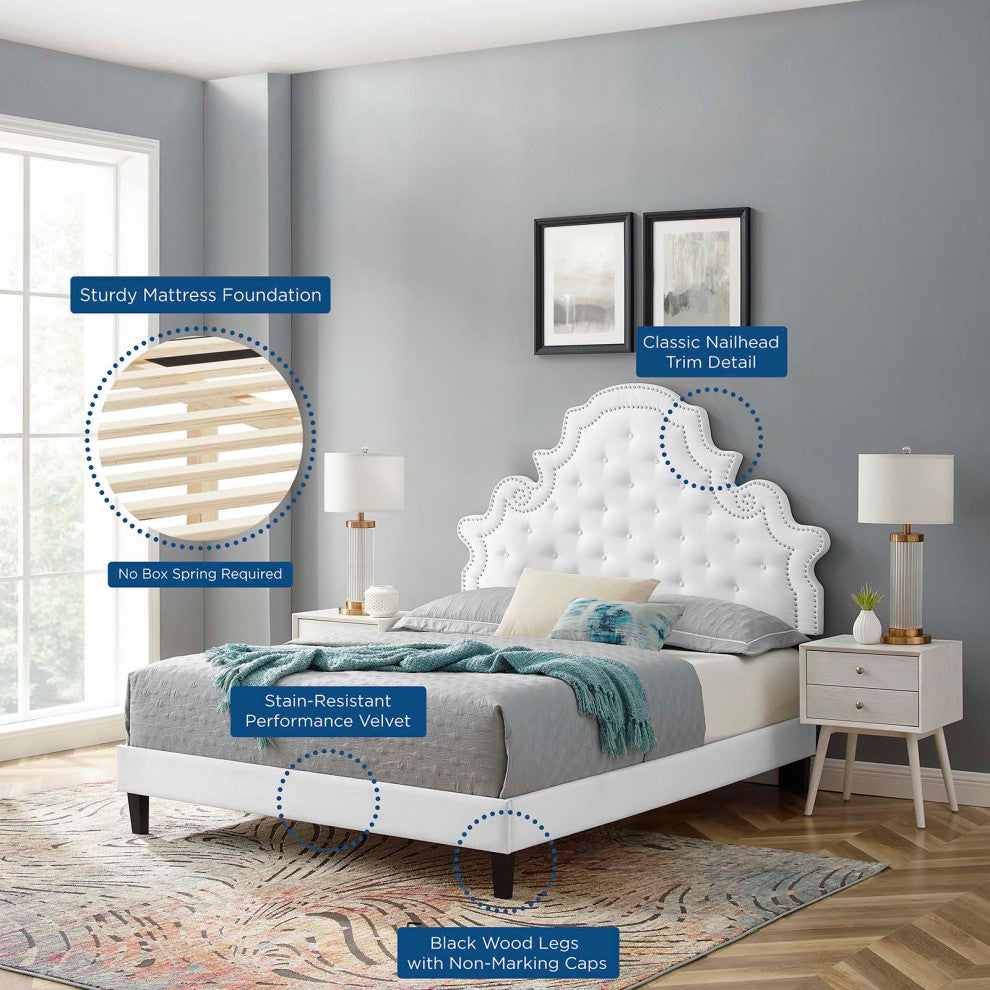 Tufted Platform Bed Frame, Twin Size, Velvet, White, Modern Contemporary